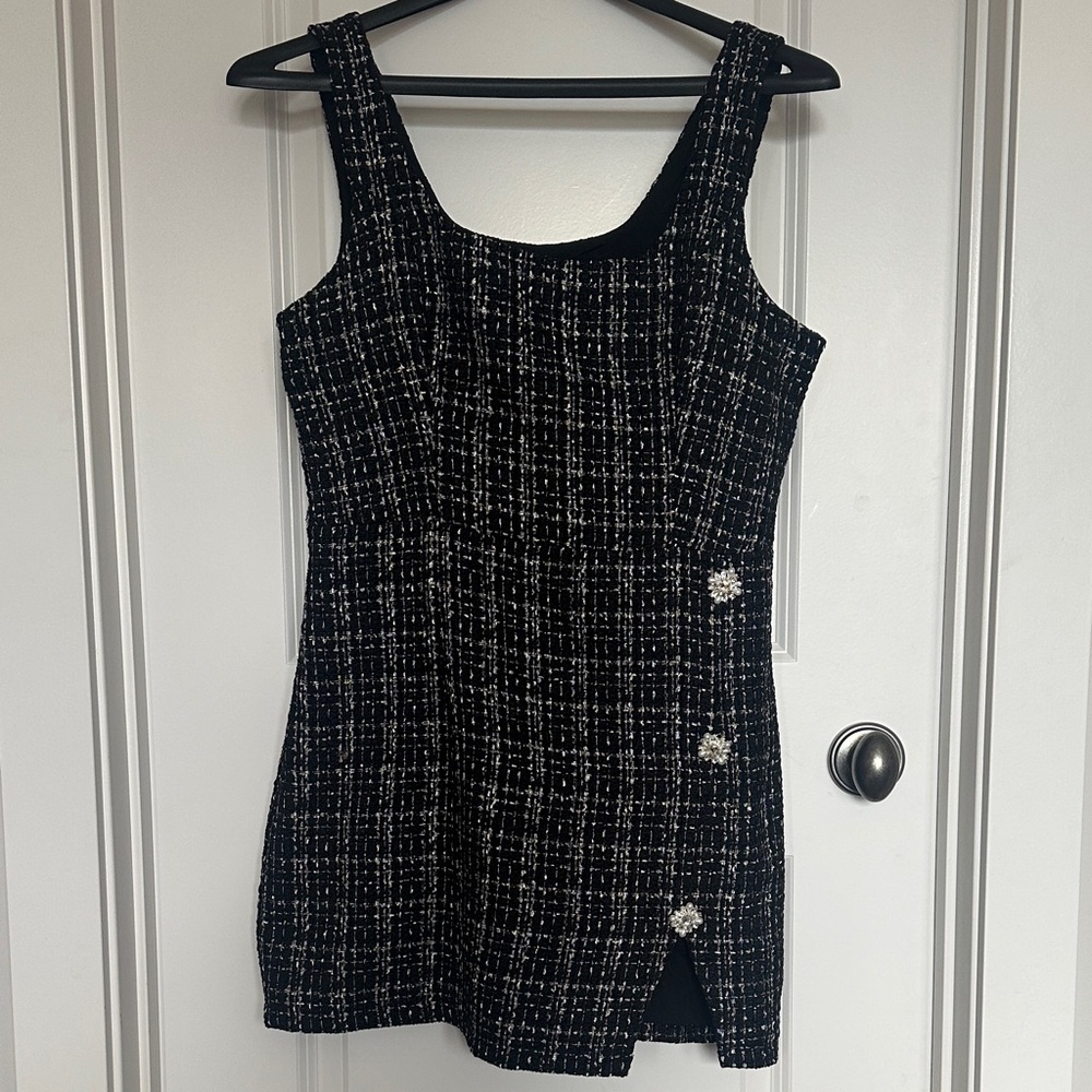 Cider Black Tweed Mini Dress with Pearl Buttons